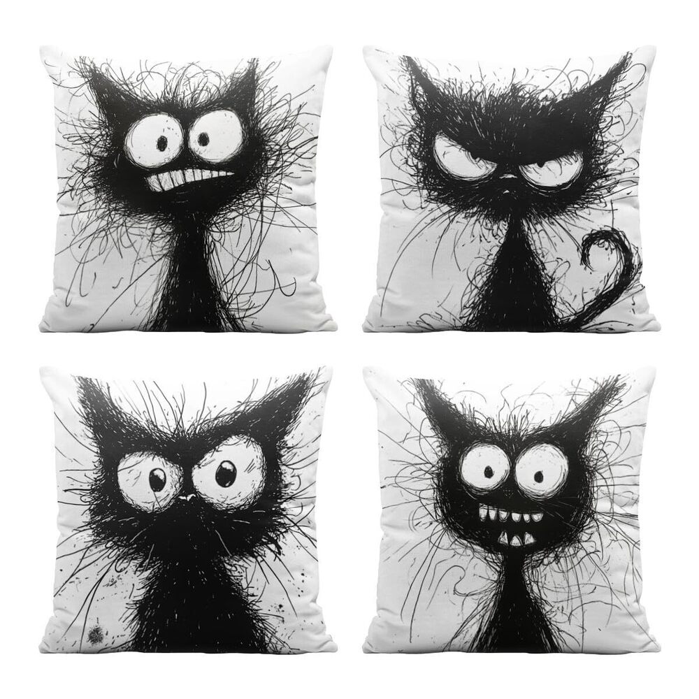 7446 Cute Cat Pillow Covers 18x18 Inch Set of 4, Black Cat Line Art Doodle